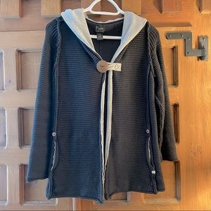 Anthropologie Pure Handknit Knit Hooded Cardigan Sweater S/M Navy Blue and Gray